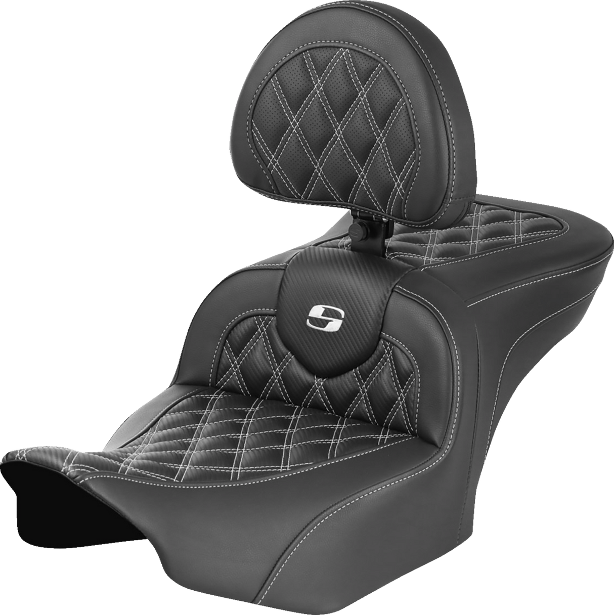 SADDLEMEN RoadSofa* Seat - with Backrest - Carbon Fiber - Lattice Stitch - White Stitch - FLTR/FLHX '23-'24 823-07-206B6