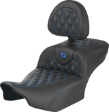 SADDLEMEN Roadsofa* Extended Reach Seat - with Backrest - Lattice Stitch - Blue Stitch - FLTR/FLHX '23-'24 823-07-207B1