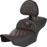 SADDLEMEN Roadsofa* Extended Reach Seat - with Backrest - Lattice Stitch - Orange Stitch - FLTR/FLHX '23-'24 823-07-207B3