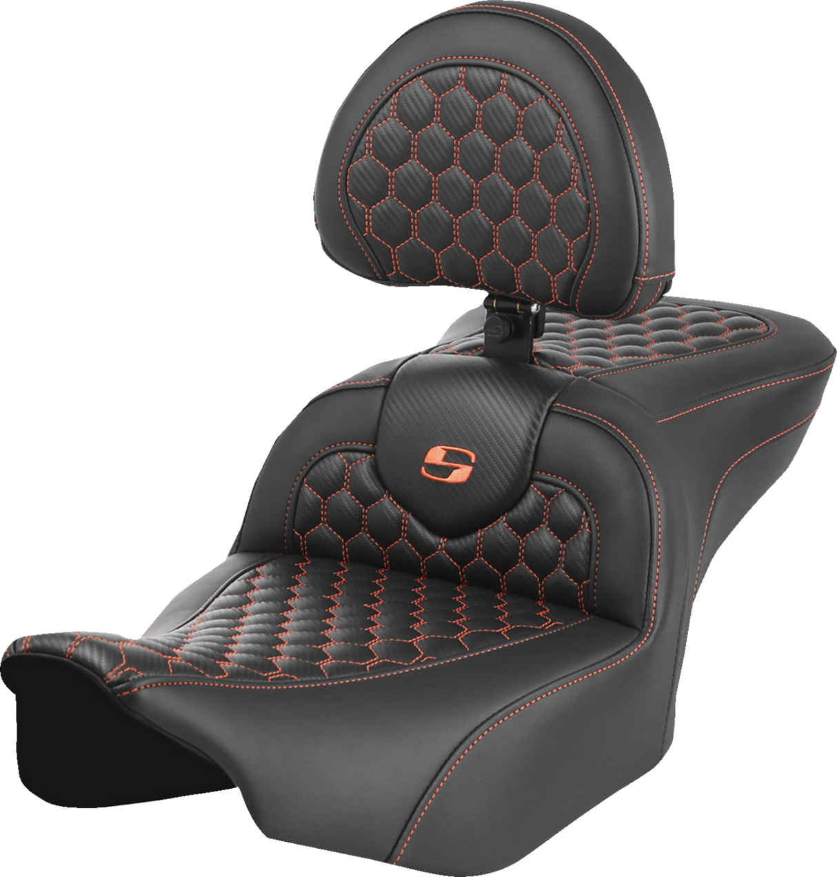 SADDLEMEN Roadsofa* Seat - with Backrest - Honeycomb - Orange Stitch - FLTR/FLHX '23-'24 823-07-189B3