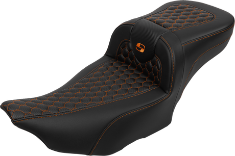 SADDLEMEN Roadsofa* Extended Reach Seat - with Backrest - Honeycomb - Orange Stitch - FLTR/FLHX '23-'24 823-07-190B3