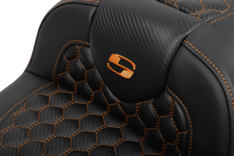 SADDLEMEN Roadsofa* Extended Reach Seat - with Backrest - Honeycomb - Orange Stitch - FLTR/FLHX '23-'24 823-07-190B3