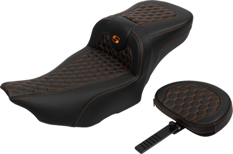 SADDLEMEN Roadsofa* Extended Reach Seat - with Backrest - Honeycomb - Orange Stitch - FLTR/FLHX '23-'24 823-07-190B3
