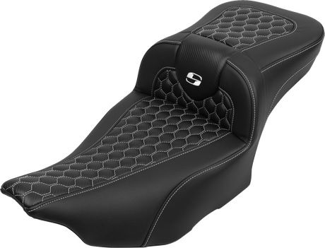 SADDLEMEN Roadsofa* Extended Reach Seat - with Backrest - Honeycomb - White Stitch - FLTR/FLHX '23-'24 823-07-190B6