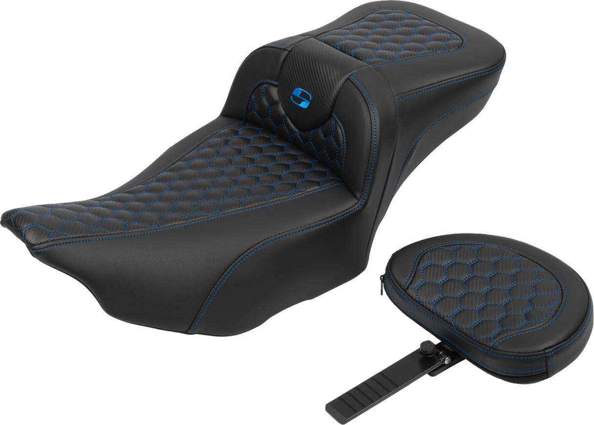 SADDLEMEN Roadsofa* Extended Reach Seat - with Backrest - Honeycomb - Blue Stitch - FLTR/FLHX '23-'24 823-07-190B1