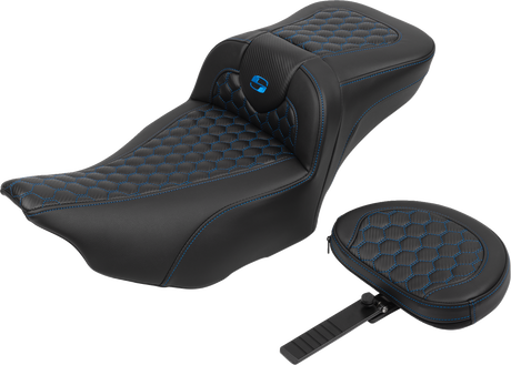 SADDLEMEN Roadsofa* Extended Reach Seat - with Backrest - Honeycomb - Blue Stitch - FLTR/FLHX '23-'24 823-07-190B1
