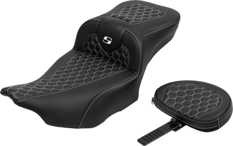 SADDLEMEN Roadsofa* Extended Reach Seat - with Backrest - Honeycomb - White Stitch - FLTR/FLHX '23-'24 823-07-190B6