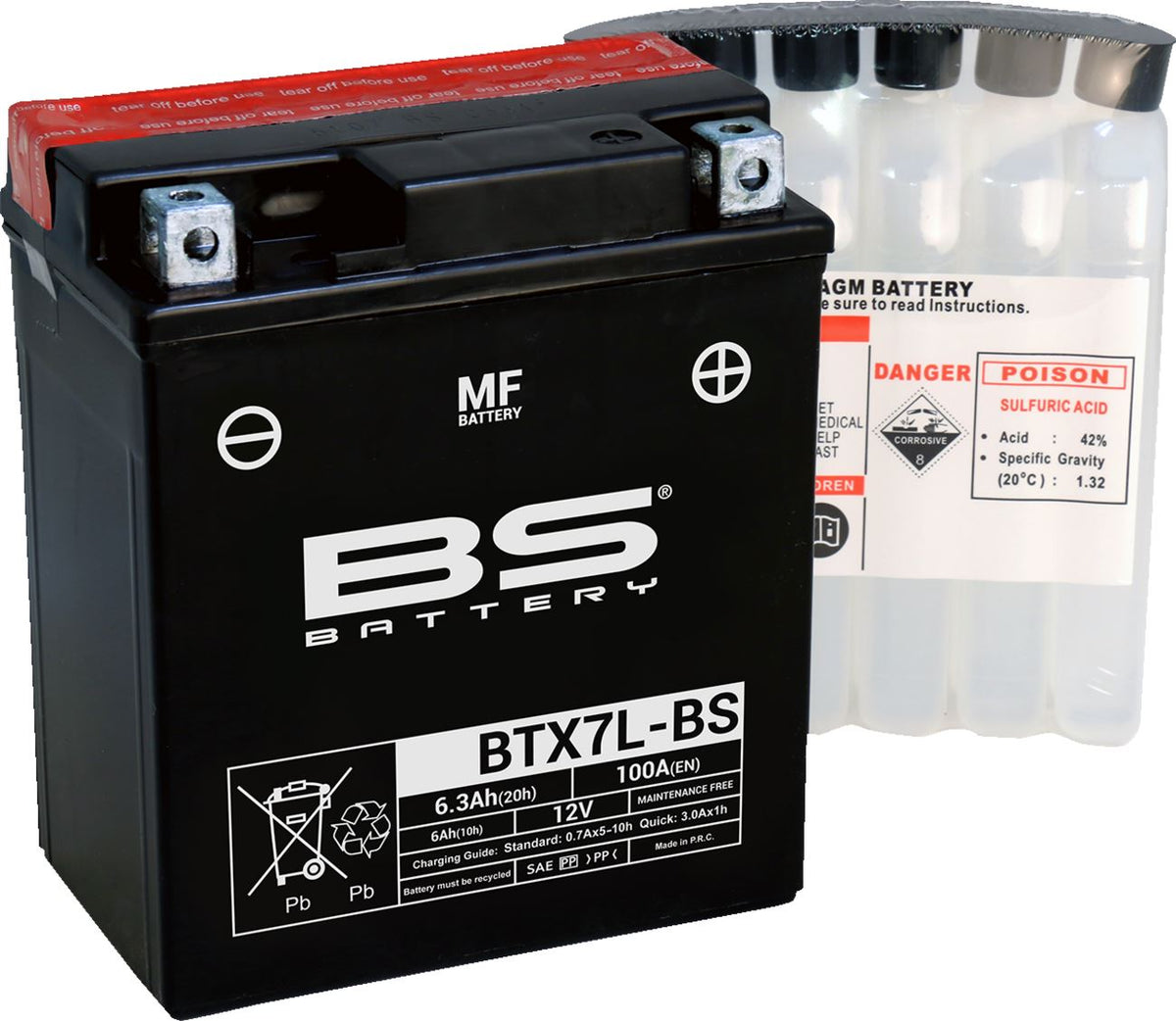 BS Battery BTX7L-BS AGM Powersports Battery | 12V 6Ah 100 CCA | Acid Pack Included