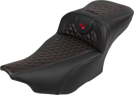 SADDLEMEN Roadsofa* Extended Reach Seat - with Backrest - Honeycomb - Red Stitch - FLTR/FLHX '23-'24 823-07-190B4