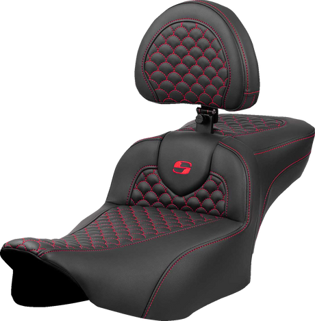 SADDLEMEN Roadsofa* Extended Reach Seat - Dragon Scale Stitch - Red Stitch - w/ Backrest - FLTR/FLHX '23-'24 823-07-209B4