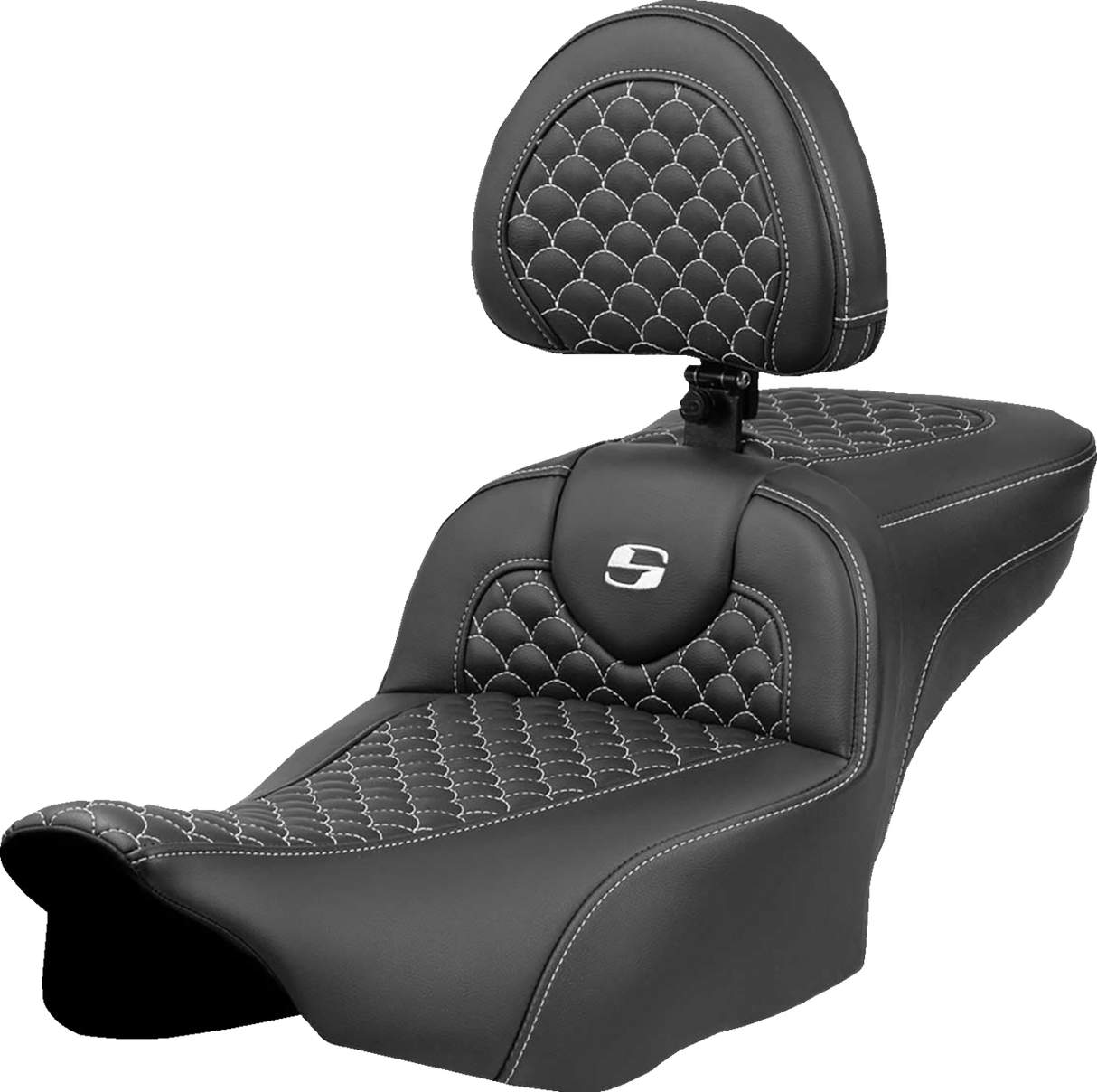 SADDLEMEN Roadsofa* Extended Reach Seat - Dragon Scale Stitch - White Stitch - w/ Backrest - FLTR/FLHX '23-'24 823-07-209B6