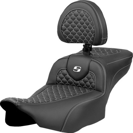 SADDLEMEN Roadsofa* Extended Reach Seat - Dragon Scale Stitch - White Stitch - w/ Backrest - FLTR/FLHX '23-'24 823-07-209B6