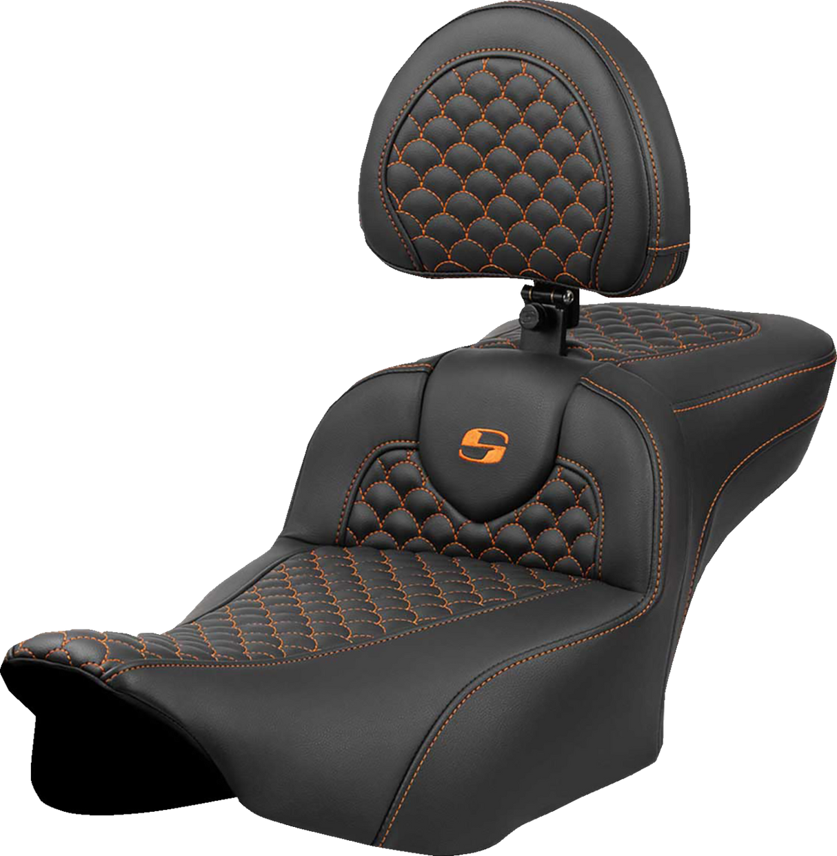 SADDLEMEN Roadsofa* Extended Reach Seat - Dragon Scale Stitch - Orange Stitch - w/ Backrest - FLT/FLH '23-'24 823-07-209B3