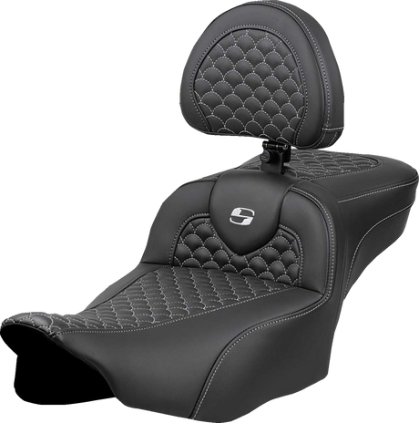 SADDLEMEN Roadsofa* Extended Reach Seat - Dragon Scale Stitch - Silver Stitch - w/ Backrest - FLT/FLH '23-'24 823-07-209B5