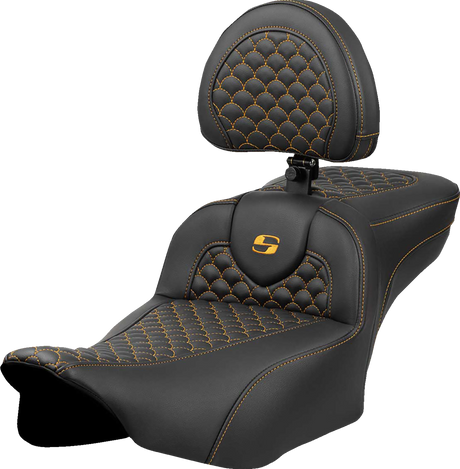 SADDLEMEN Roadsofa* Extended Reach Seat - Dragon Scale Stitch - Gold Stitch - w/ Backrest - FLTR/FLHX '23-'24 823-07-209B7