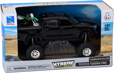 NEW RAY TOYS Toyota Tundra Off Road Pick Up w/ Kawasaki Dirt Bike - 1:32 Scale - Black/Green SS-54446