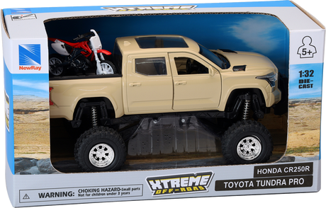 NEW RAY TOYS Toyota Tundra Off Road Pick Up w/ Honda Dirt Bike - 1:32 Scale - Tan/Red SS-54456