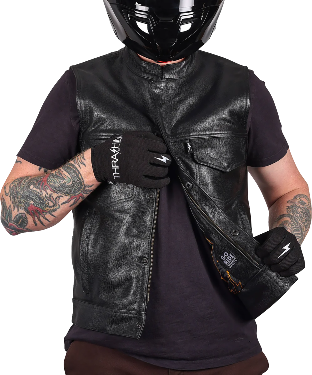 THRASHIN SUPPLY CO. Mulholland Leather Riding Vest - Black - Medium TMJ-14-09