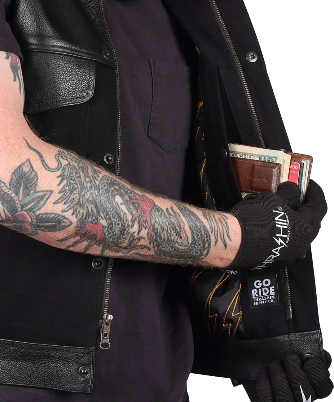 THRASHIN SUPPLY CO. Kanan Leather/Denim Riding Vest - Black - Small TMJ-13-08