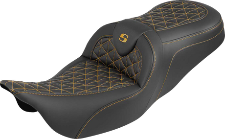 SADDLEMEN RoadSofa™ Tri Gripper Seat - Standard Reach - Gold Stitch - w/o Backrest - FLH/FLT '08-'25 808-07B-21007