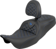 SADDLEMEN RoadSofa™ Tri Gripper Seat - Standard Reach - Blue Stitch - w/ Backrest - FLH/FLT '08-'25 808-07B-210B1