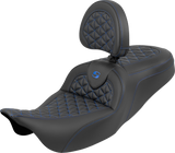SADDLEMEN RoadSofa™ Tri Gripper Seat - Standard Reach - Blue Stitch - w/ Backrest - FLH/FLT '08-'25 808-07B-210B1