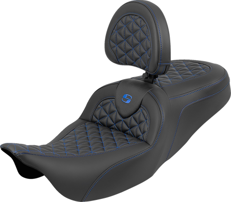 SADDLEMEN RoadSofa™ Tri Gripper Seat - Standard Reach - Blue Stitch - w/ Backrest - FLH/FLT '08-'25 808-07B-210B1