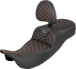 SADDLEMEN RoadSofa™ Tri Gripper Seat - Standard Reach - Orange Stitch - w/ Backrest - FLH/FLT '08-'25 808-07B-211B3