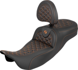 SADDLEMEN RoadSofa™ Tri Gripper Seat - Standard Reach - Orange Stitch - w/ Backrest - FLH/FLT '08-'25 808-07B-211B3