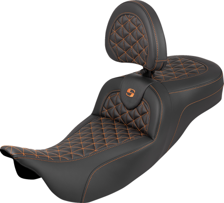 SADDLEMEN RoadSofa™ Tri Gripper Seat - Standard Reach - Orange Stitch - w/ Backrest - FLH/FLT '08-'25 808-07B-211B3