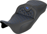 SADDLEMEN RoadSofa™ Tri Gripper Seat - Extended Reach - Blue Stitch - w/o Backrest - FLH/FLT '08-'25 808-07B-21101