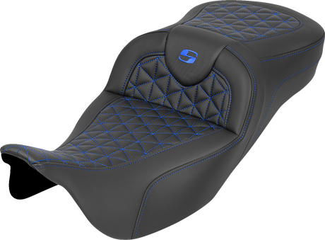 SADDLEMEN RoadSofa™ Tri Gripper Seat - Extended Reach - Blue Stitch - w/o Backrest - FLH/FLT '08-'25 808-07B-21101