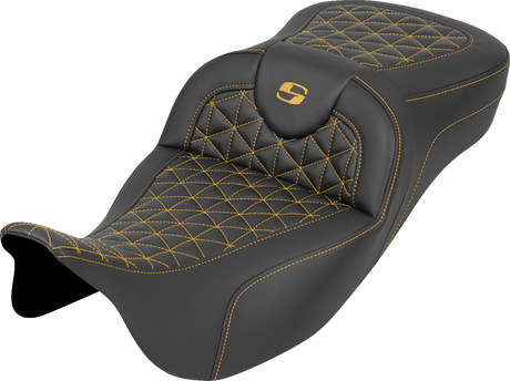 SADDLEMEN RoadSofa™ Tri Gripper Seat - Extended Reach - Gold Stitch - w/o Backrest - FLH/FLT '08-'25 808-07B-21107