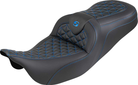 SADDLEMEN RoadSofa™ Tri Gripper Seat - Standard Reach - Blue Stitch - w/o Backrest - FLH/FLT '08-'25 808-07B-21001