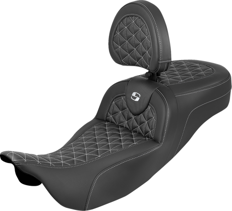 SADDLEMEN RoadSofa™ Tri Gripper Seat - Standard Reach - White Stitch - w/ Backrest - FLH/FLT '08-'25 808-07B-211B6