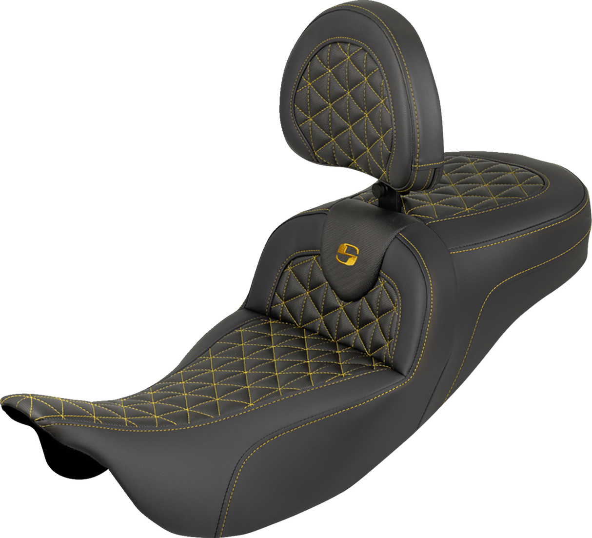 SADDLEMEN RoadSofa™ Tri Gripper Seat - Standard Reach - Gold Stitch - w/ Backrest - FLH/FLT '08-'25 808-07B-211B7