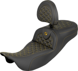 SADDLEMEN RoadSofa™ Tri Gripper Seat - Standard Reach - Gold Stitch - w/ Backrest - FLH/FLT '08-'25 808-07B-211B7