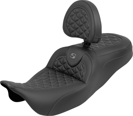 SADDLEMEN RoadSofa™ Tri Gripper Seat - Standard Reach - Gray Stitch - w/ Backrest - FLH/FLT '08-'25 808-07B-210B2