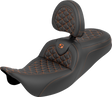 SADDLEMEN RoadSofa™ Tri Gripper Seat - Standard Reach - Orange Stitch - w/ Backrest - FLH/FLT '08-'25 808-07B-210B3