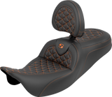 SADDLEMEN RoadSofa™ Tri Gripper Seat - Standard Reach - Orange Stitch - w/ Backrest - FLH/FLT '08-'25 808-07B-210B3