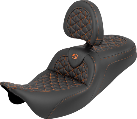 SADDLEMEN RoadSofa™ Tri Gripper Seat - Standard Reach - Orange Stitch - w/ Backrest - FLH/FLT '08-'25 808-07B-210B3