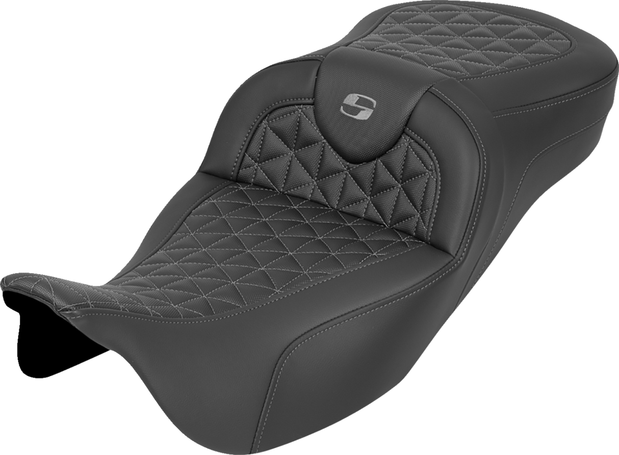 SADDLEMEN RoadSofa™ Tri Gripper Seat - Extended Reach - Gray Stitch - w/o Backrest - FLH/FLT '08-'25 808-07B-21102