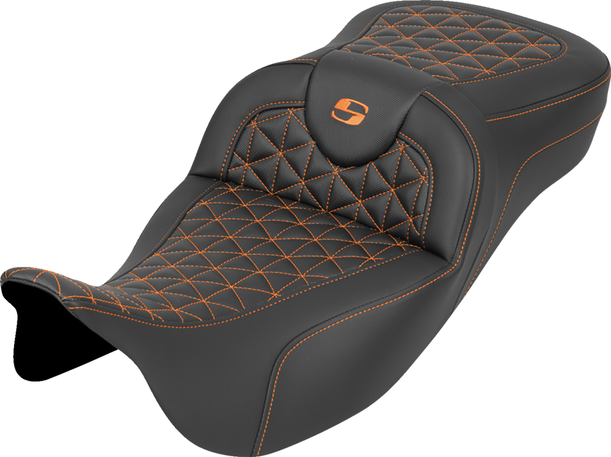 SADDLEMEN RoadSofa™ Tri Gripper Seat - Extended Reach - Orange Stitch - w/o Backrest - FLH/FLT '08-'25 808-07B-21103