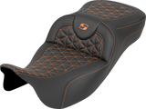 SADDLEMEN RoadSofa™ Tri Gripper Seat - Extended Reach - Orange Stitch - w/o Backrest - FLH/FLT '08-'25 808-07B-21103