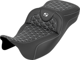 SADDLEMEN RoadSofa™ Tri Gripper Seat - Extended Reach - White Stitch - w/o Backrest - FLH/FLT '08-'25 808-07B-21106