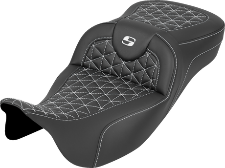 SADDLEMEN RoadSofa™ Tri Gripper Seat - Extended Reach - White Stitch - w/o Backrest - FLH/FLT '08-'25 808-07B-21106