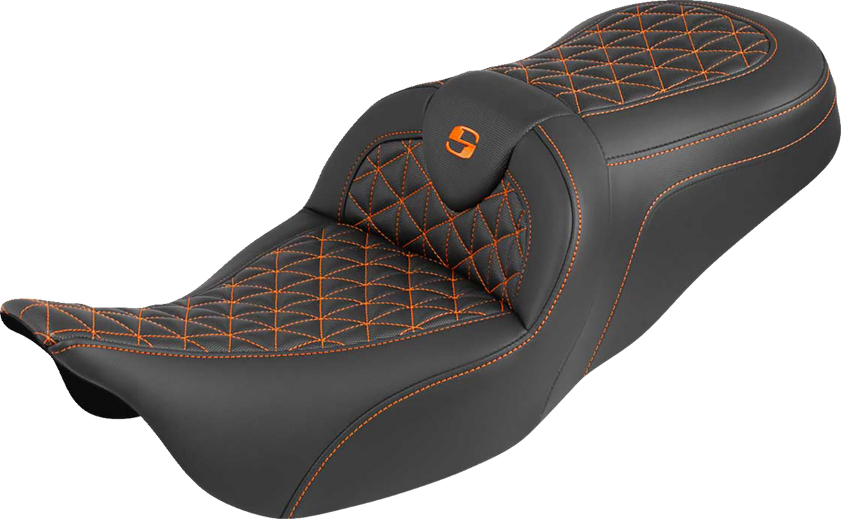 SADDLEMEN RoadSofa™ Tri Gripper Seat - Standard Reach - Orange Stitch - w/o Backrest - FLH/FLT '08-'25 808-07B-21003