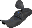 SADDLEMEN RoadSofa™ Tri Gripper Seat - Standard Reach - Blue Stitch - w/ Backrest - FLH/FLT '08-'25 808-07B-211B1