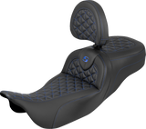 SADDLEMEN RoadSofa™ Tri Gripper Seat - Standard Reach - Blue Stitch - w/ Backrest - FLH/FLT '08-'25 808-07B-211B1
