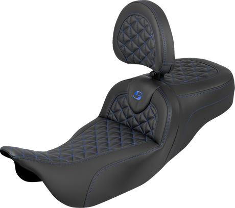 SADDLEMEN RoadSofa™ Tri Gripper Seat - Standard Reach - Blue Stitch - w/ Backrest - FLH/FLT '08-'25 808-07B-211B1